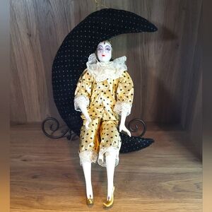 Vintage Harlequin Jester Clown Mardi Gras Doll Hanging Moon Black Gold Polka Dot